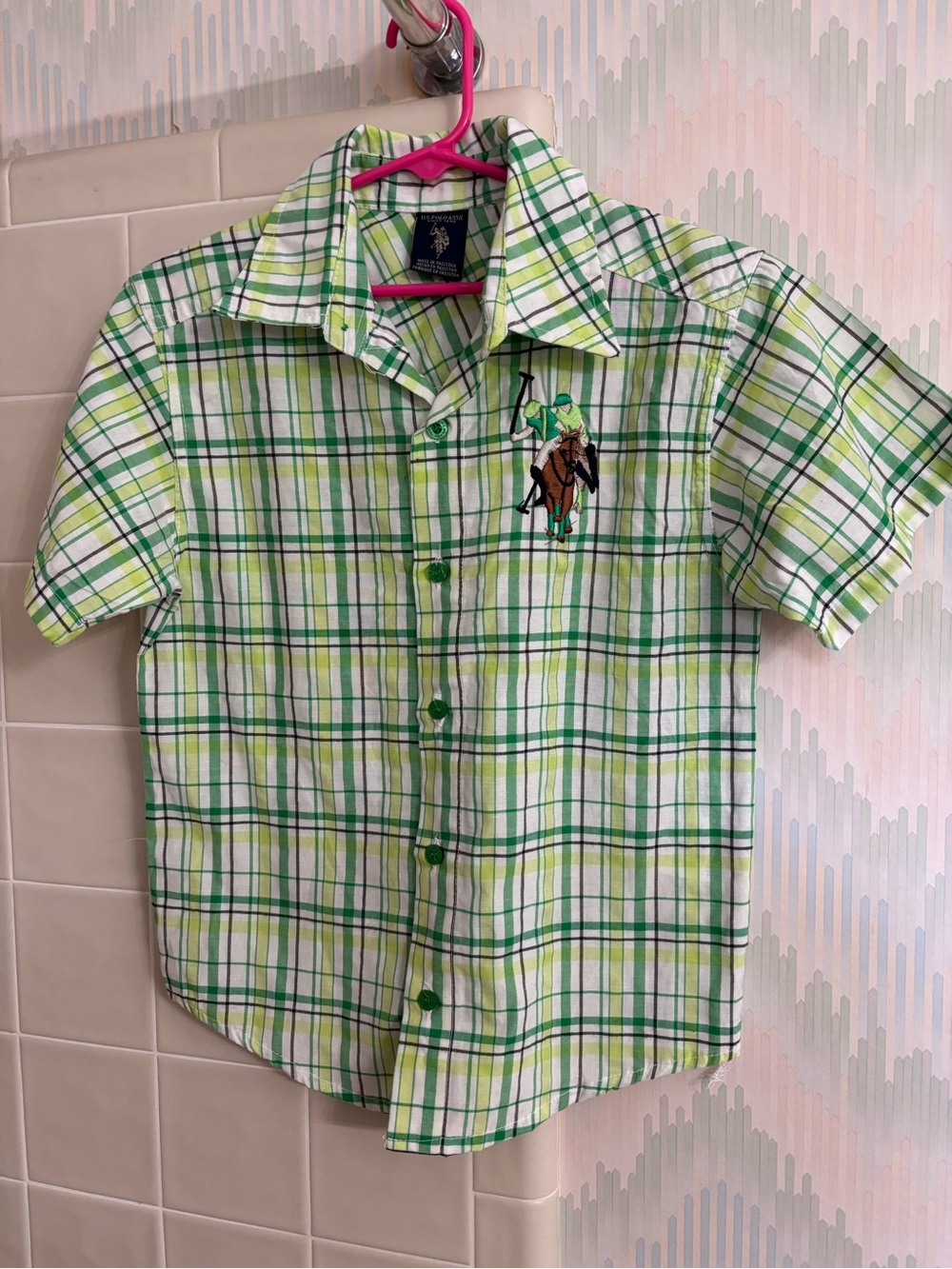 U.S. Polo Assn. polo logo green & White Plaid Short-Sleeve Button-Down Shirt 7